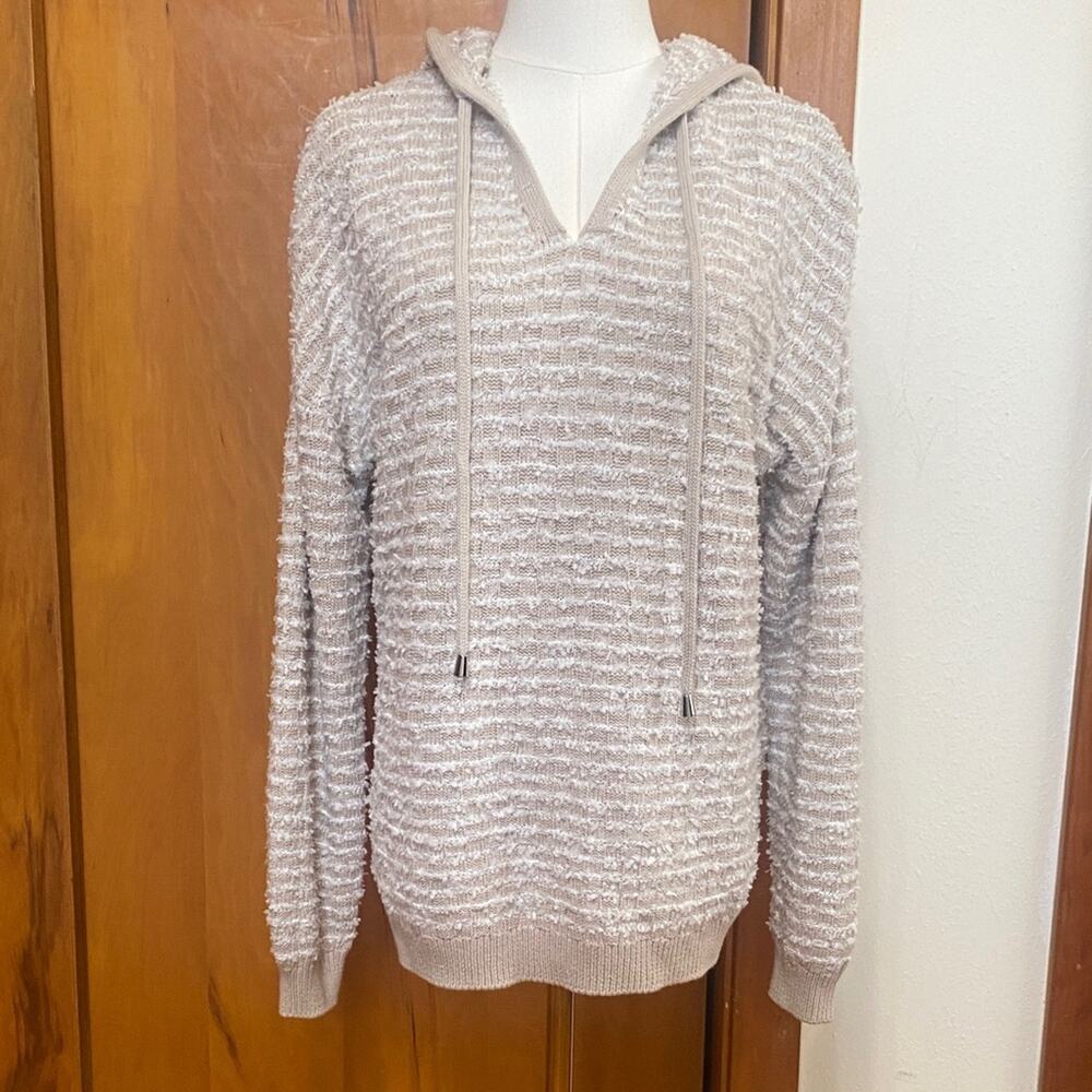 Nicole Miller Cream Tan Stripes Hooded Sweater Long Sleeve Oversized